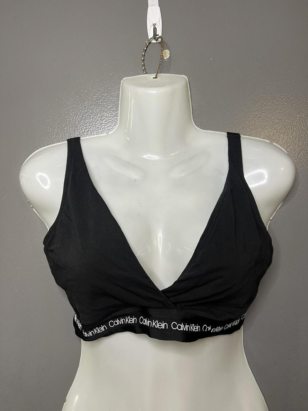 Calvin Klein Bralette Bra Womens Large Black Cotton Wireless Logo V Neck Stretch